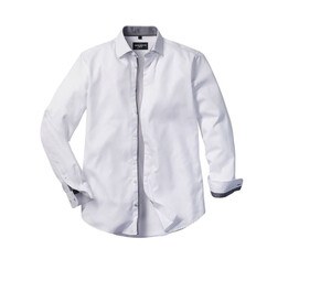 RUSSELL COLLECTION RU964M - MEN'S LONG SLEEVE TAILORED CONTRAST HERRINGBONE SHIRT White/Silver/Convoy Grey