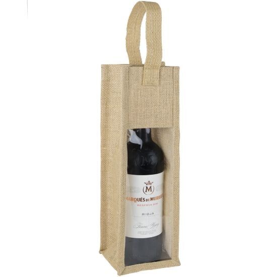 EgotierPro 37518 - Sac en jute haute densité pour bouteille de vin, fenêtre transparente, poignée en coton TASTE