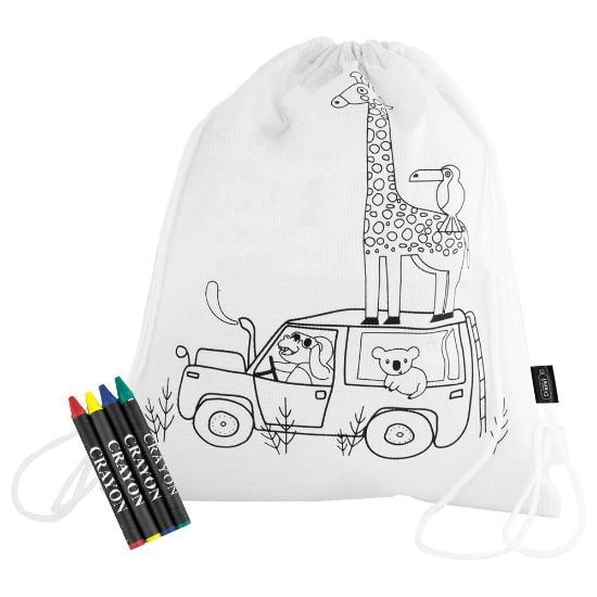 EgotierPro 52046 - Sac RPET blanc avec dessin animaux et 4 crayons SAFUN
